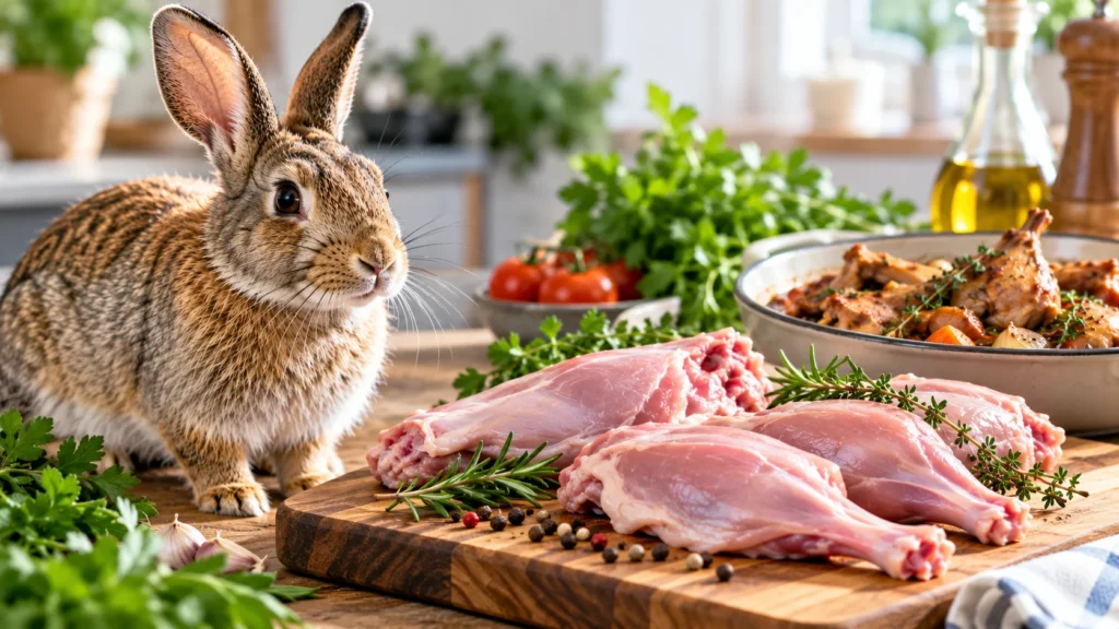 Rabbit meat with fresh herbs and a cooked rabbit dish in a kitchen setting
