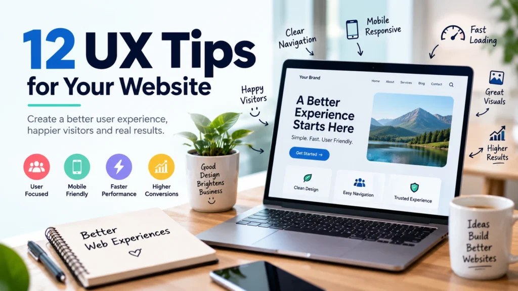 12 UX tips for your website featuring a laptop website mockup, clear navigation, mobile responsiveness, fast loading, and better conversions