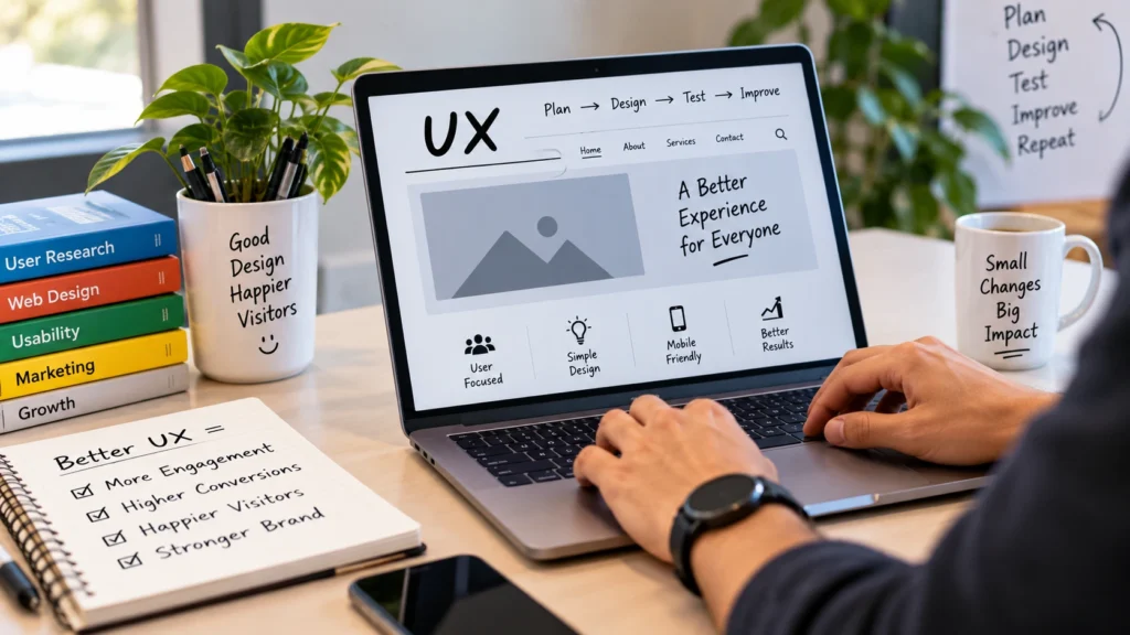 UX designer working on a website interface with notes about user-focused design, mobile responsiveness, accessibility, and usability