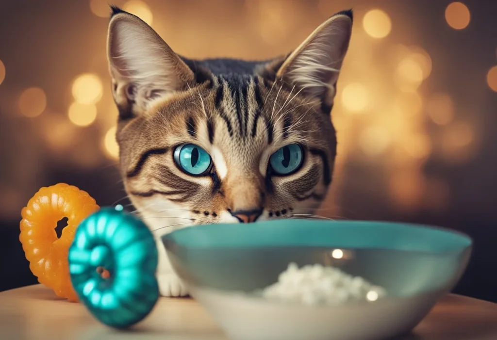 Cat sniffing a bowl of Takis chips before eating