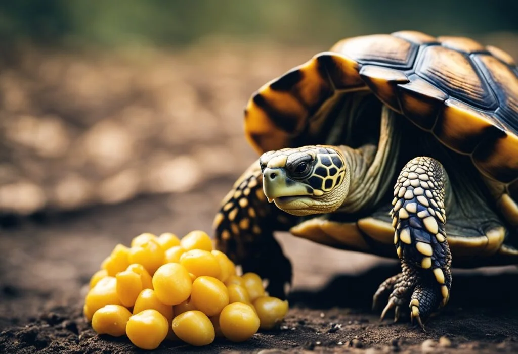 Close-up of a tortoise eating sweet corn