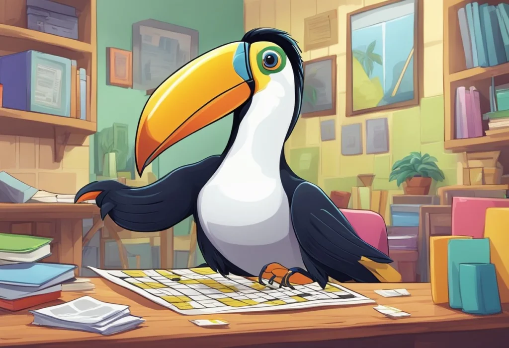 Colorful toucan character from an animated sitcom for crossword puzzle