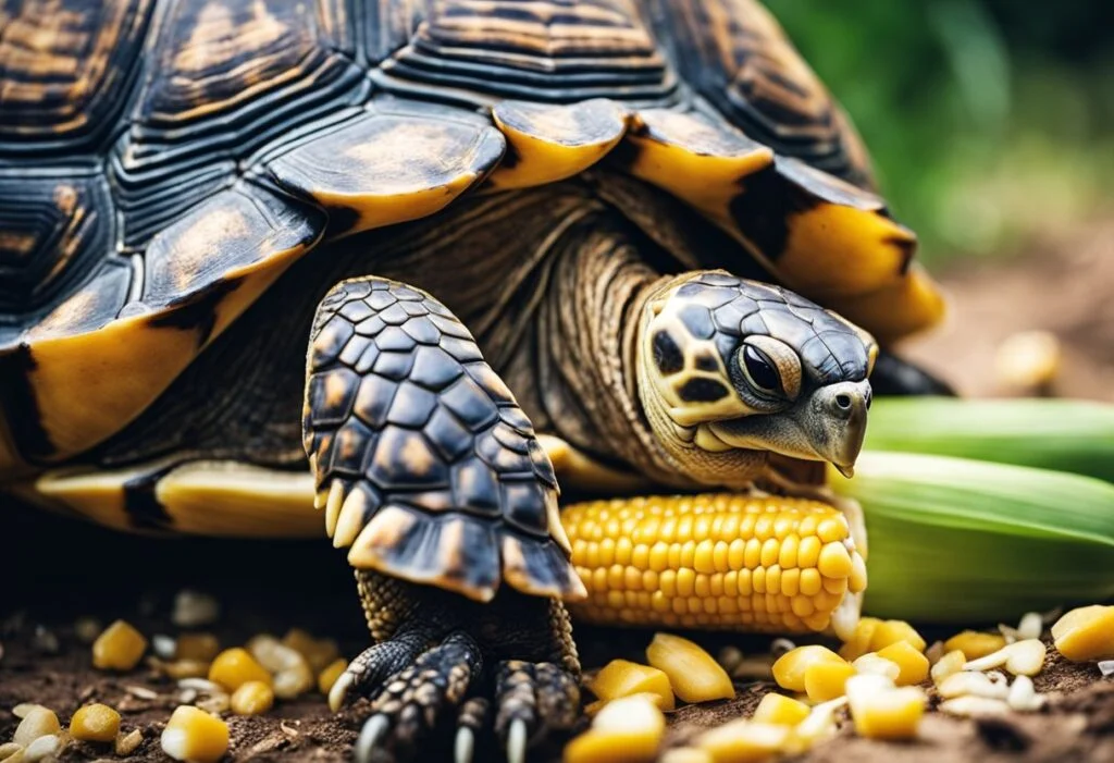 Healthy tortoise with corn and leafy vegetables