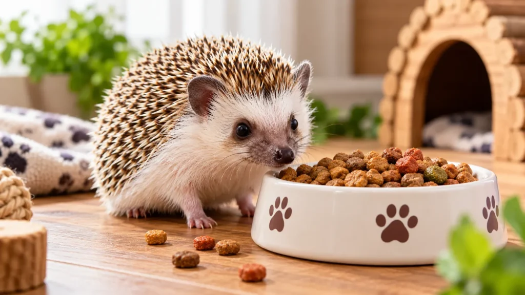 African pygmy hedgehog eating near a bowl of dog food