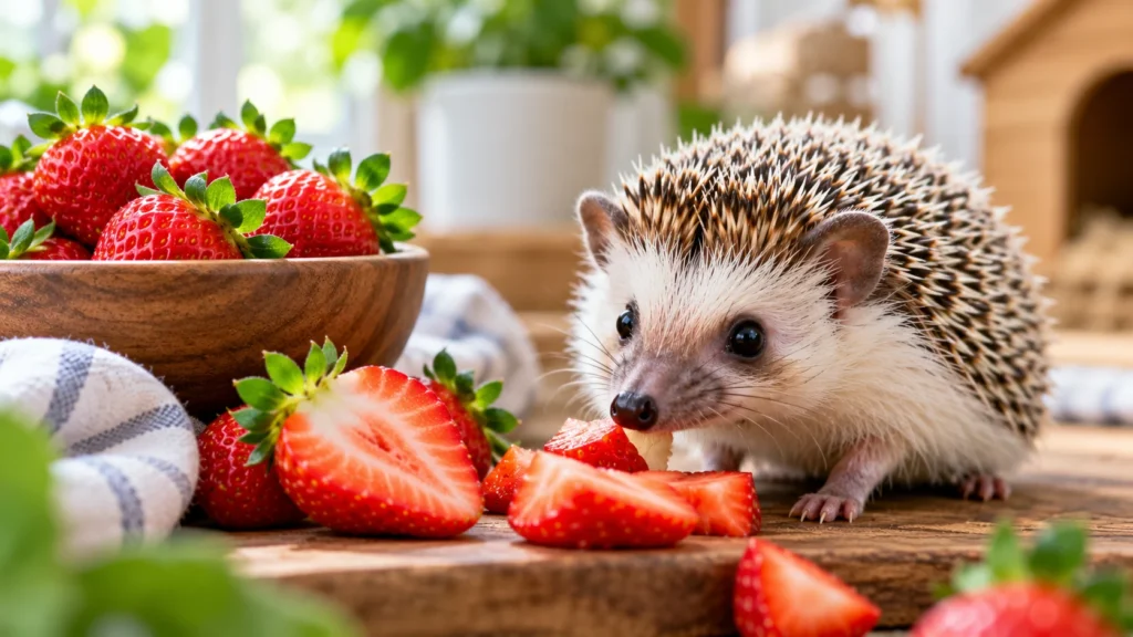 African pygmy hedgehog eating a small piece of fresh strawberry