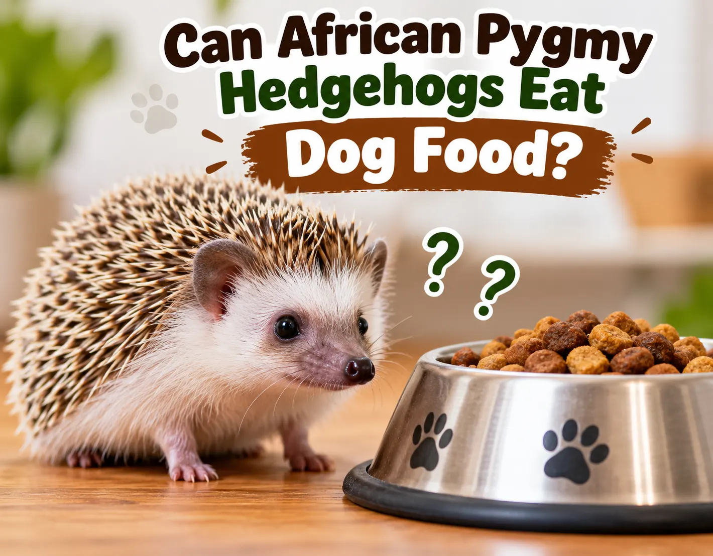 African pygmy hedgehog beside a bowl of dog food
