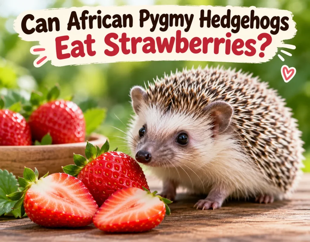 African pygmy hedgehog with fresh strawberries