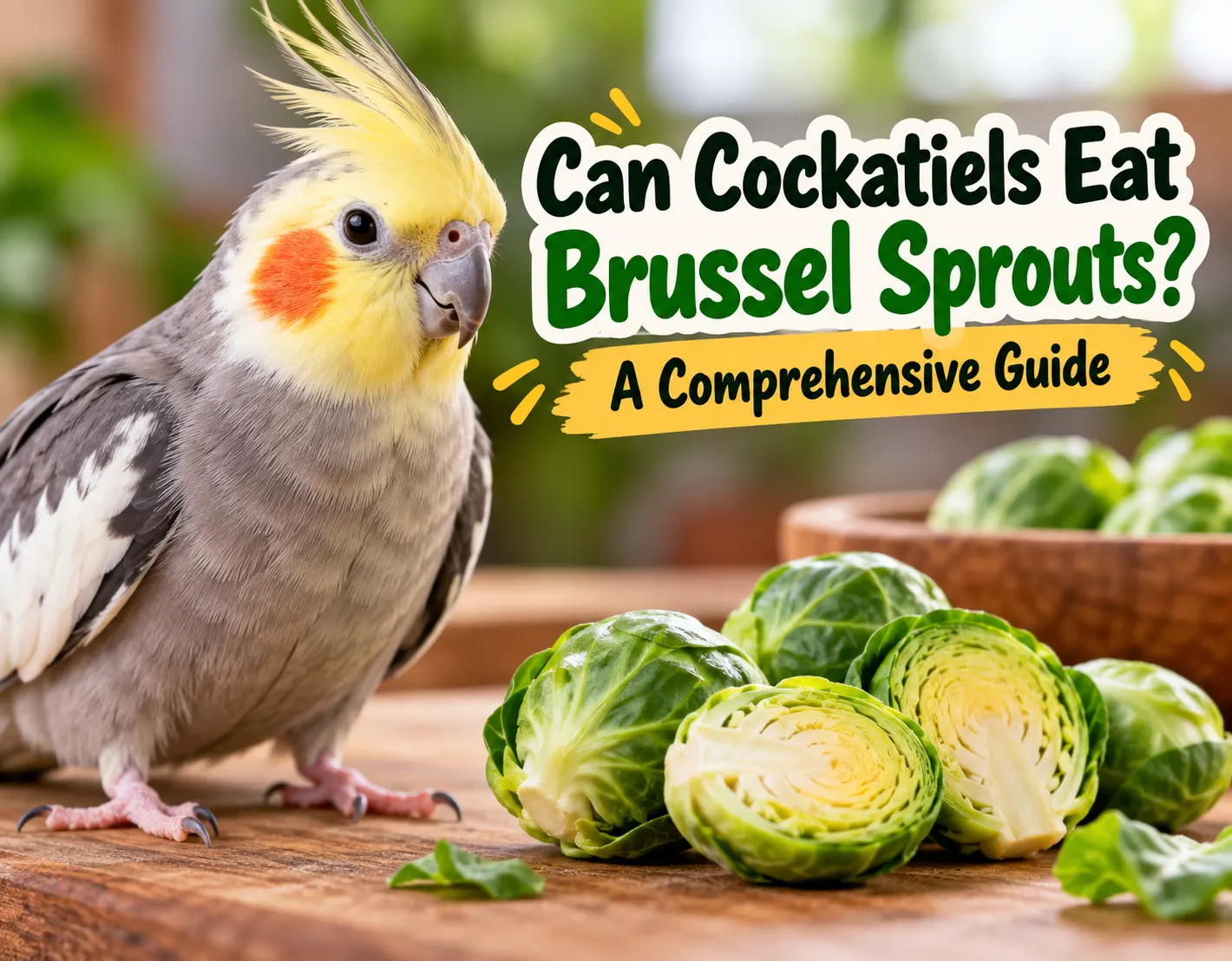 Cockatiel beside fresh brussel sprouts for a guide on whether cockatiels can eat brussel sprouts