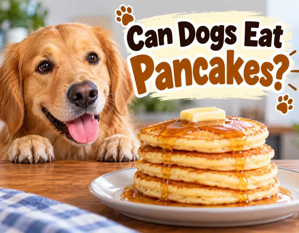 Golden retriever looking at a stack of pancakes while asking can dogs eat pancakes