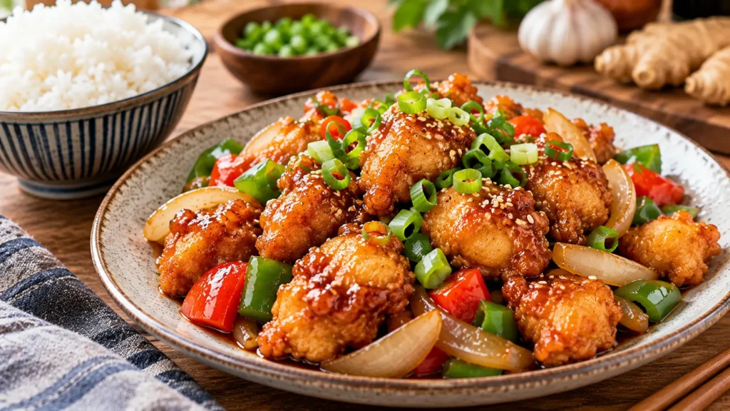 Chicken Osaka recipe with crispy glazed chicken, vegetables, sesame seeds, and green onions