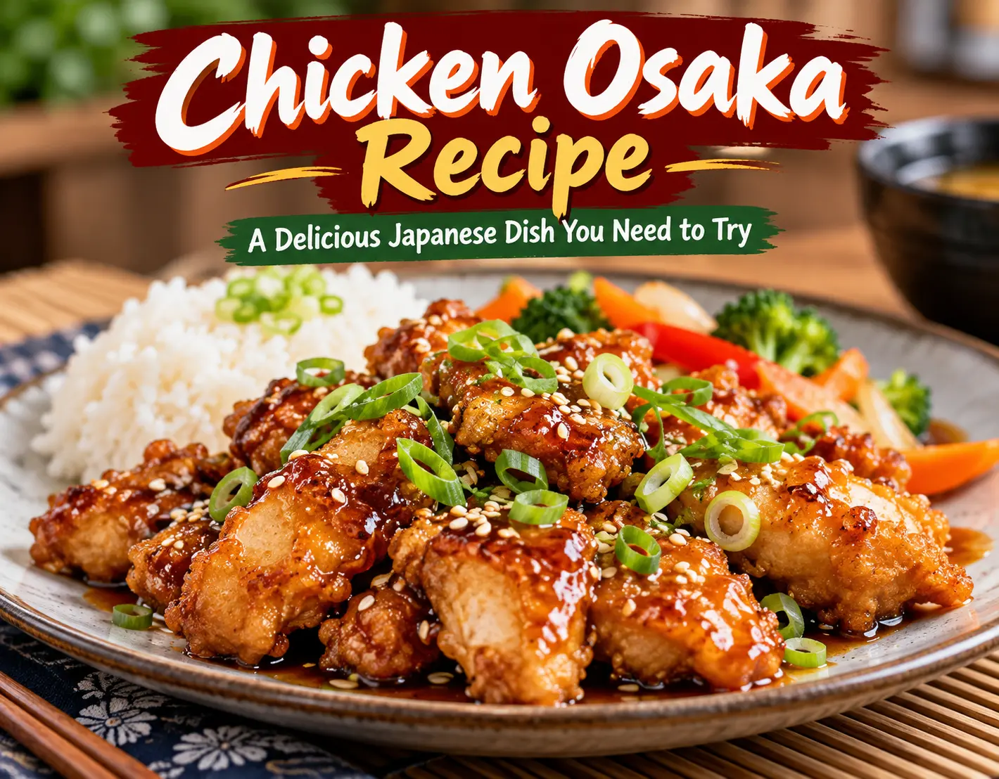 Chicken Osaka recipe with crispy glazed chicken, vegetables, sesame seeds, and green onions