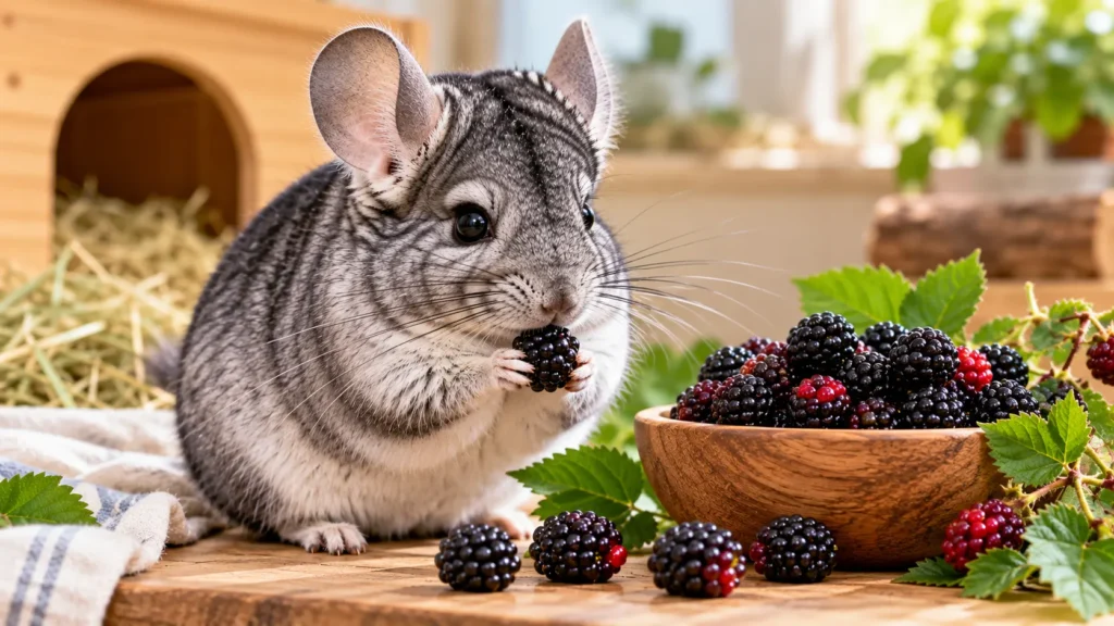 A chinchilla eating a fresh blackberry beside a bowl of blackberries