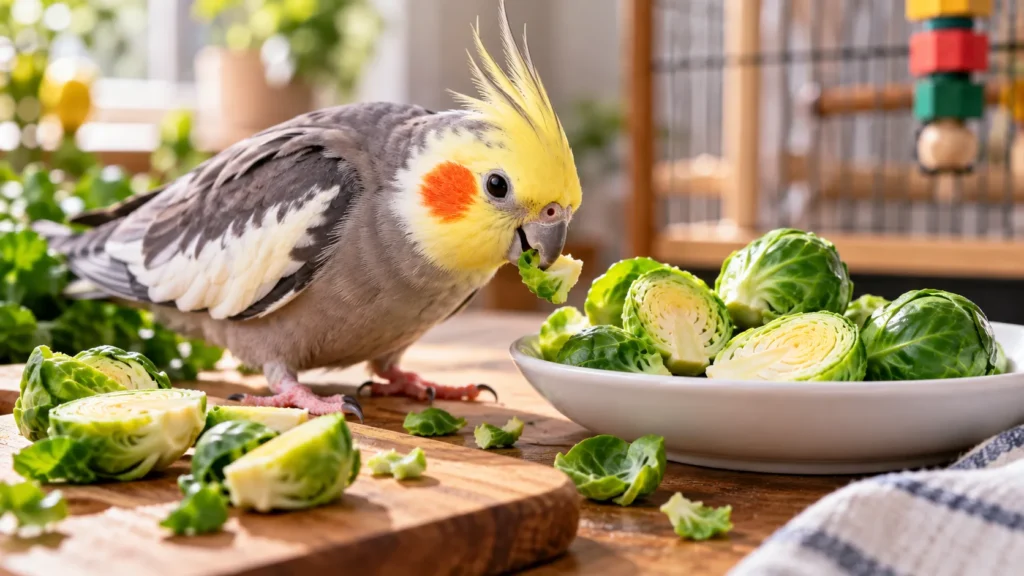Cockatiel eating a fresh brussel sprout beside a bowl of brussel sprouts