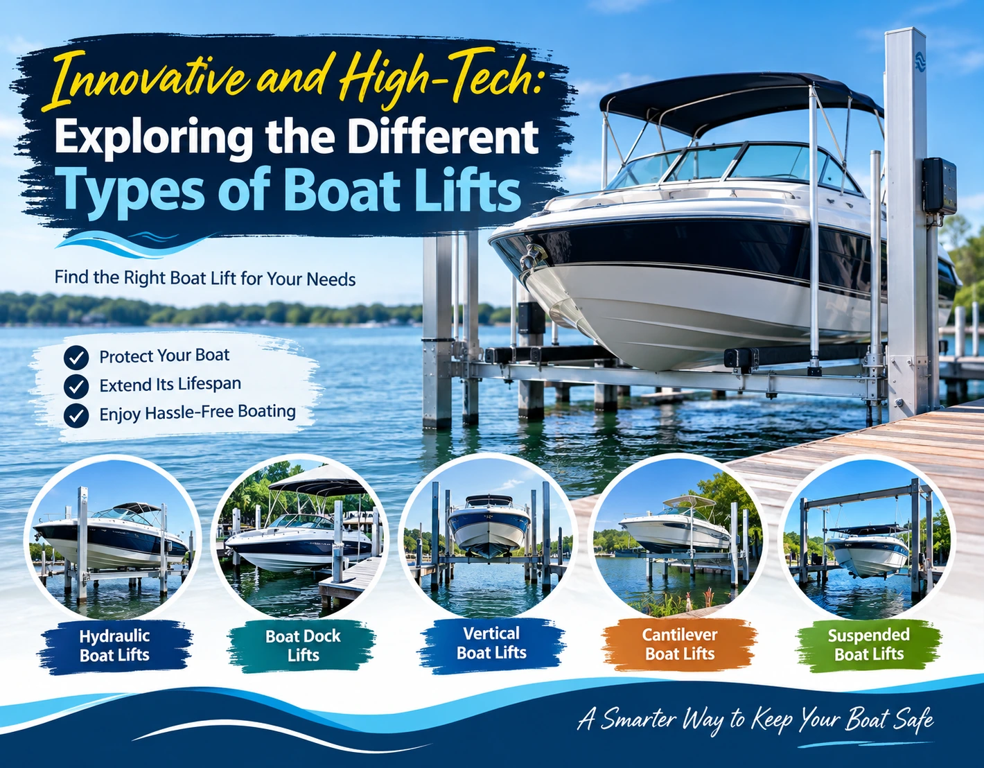 Different types of boat lifts at a waterfront marina