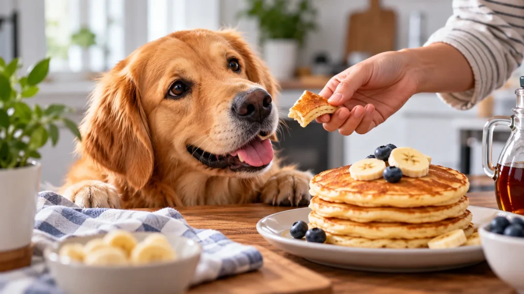 Golden retriever looking at a piece of pancake offered by a person beside a plate of pancakes