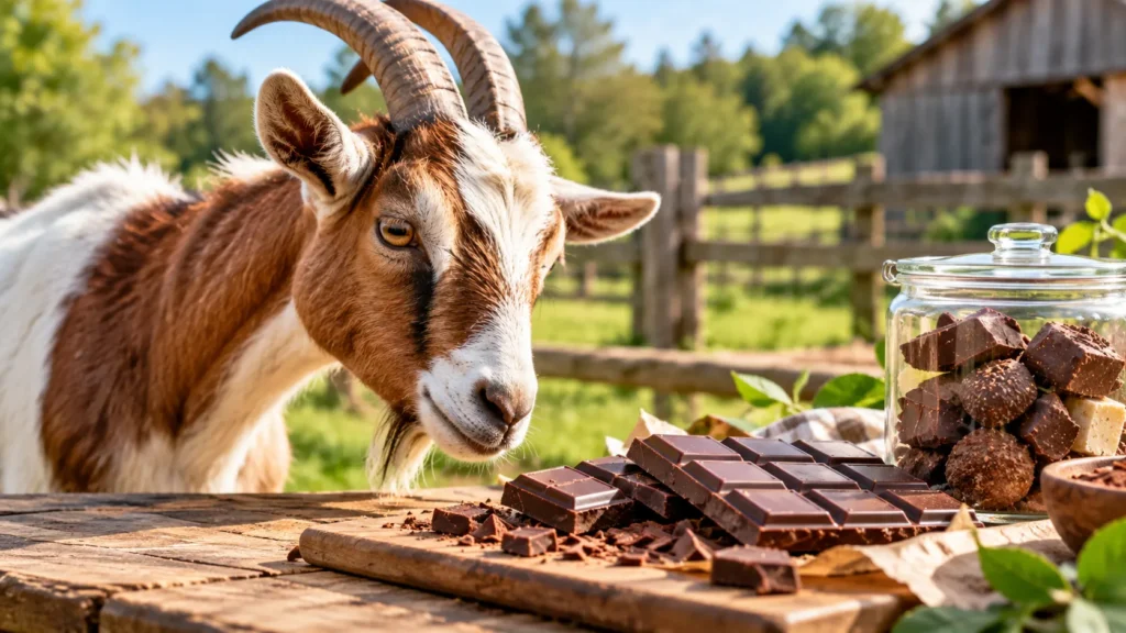Curious goat near chocolate on a farm table illustrating why goats should not eat chocolate