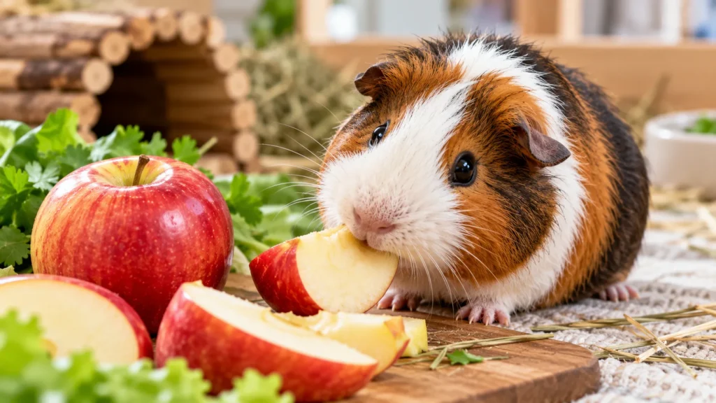 Guinea pig eating a fresh apple slice beside whole and sliced apples