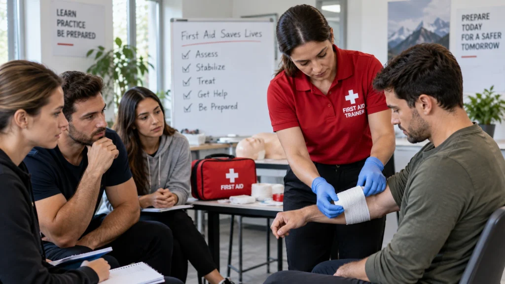 First aid instructor demonstrating hands-on trauma first aid training to students