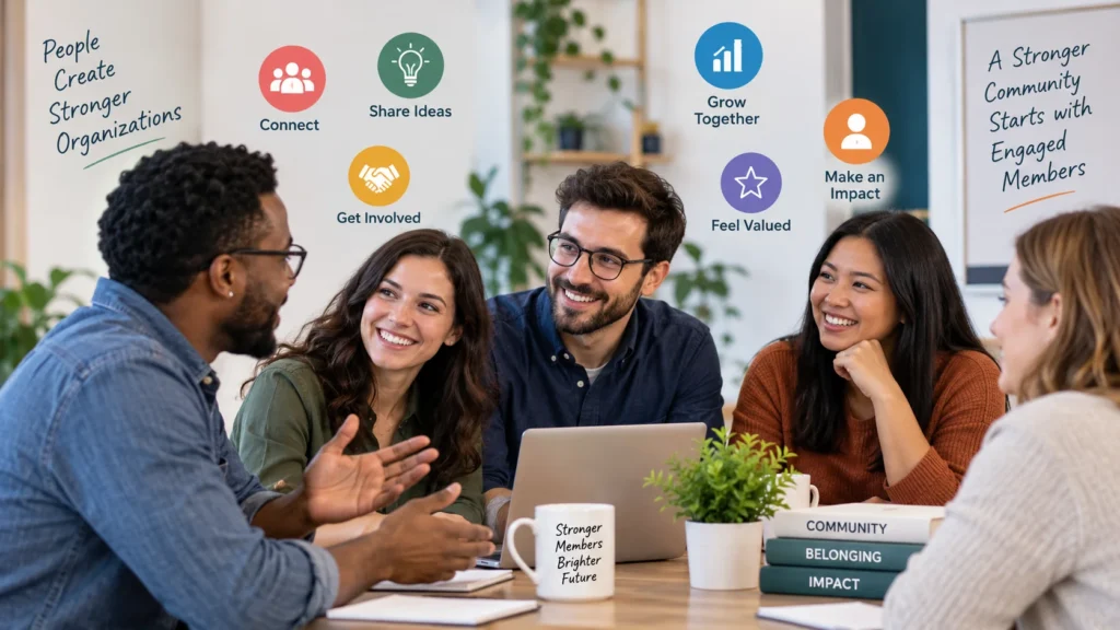 Members collaborating and building a stronger community through connection, participation, shared ideas, and meaningful engagement