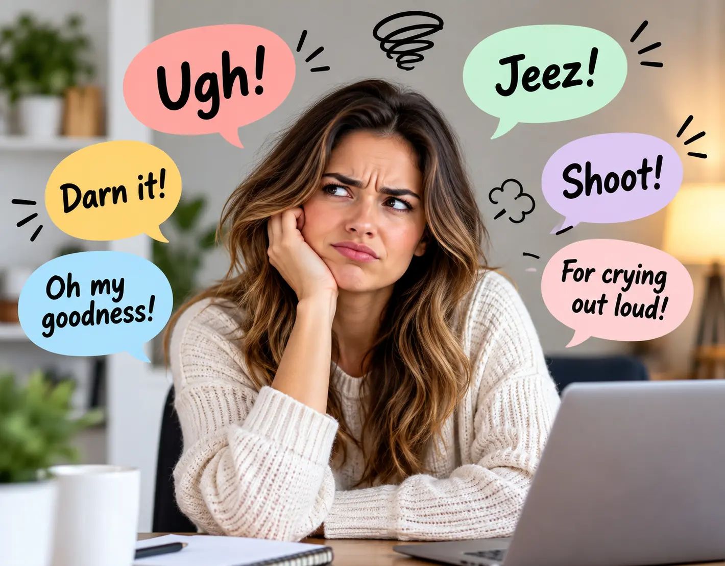 Woman expressing annoyance with mild oaths and cries of frustration