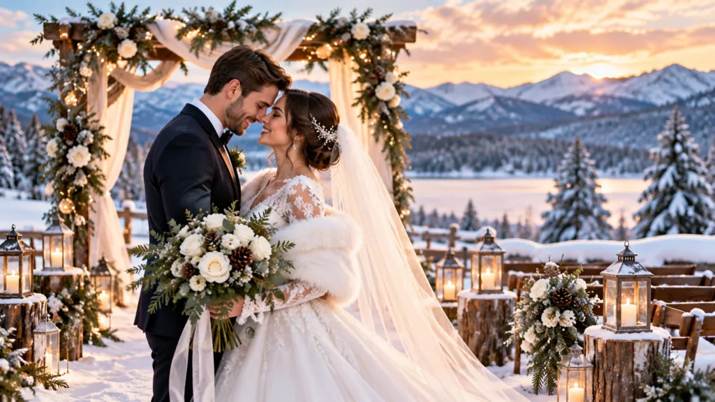 Bride-to-be planning a winter wedding with a wedding checklist, snowy scenery, flowers, candles, and winter wedding ideas