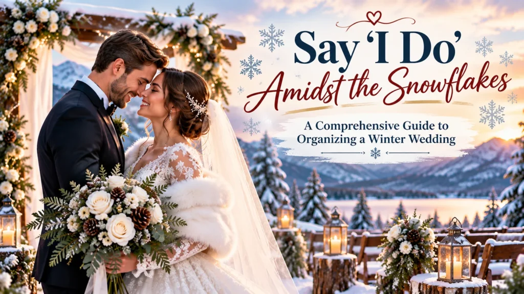 Romantic winter wedding couple surrounded by snowflakes, evergreen decorations, candles, and snowy mountain scenery