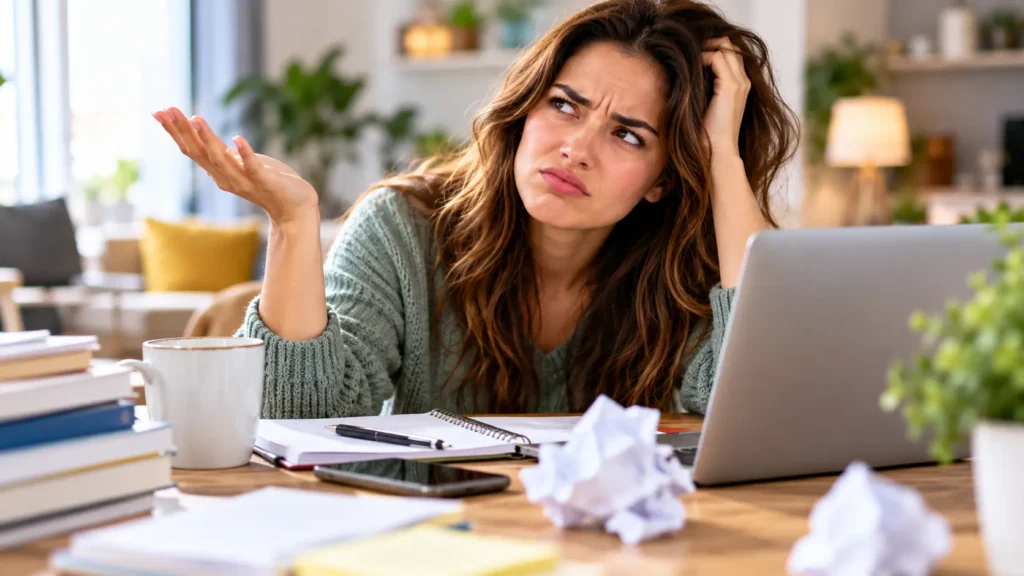 Frustrated woman expressing annoyance while working at a laptop