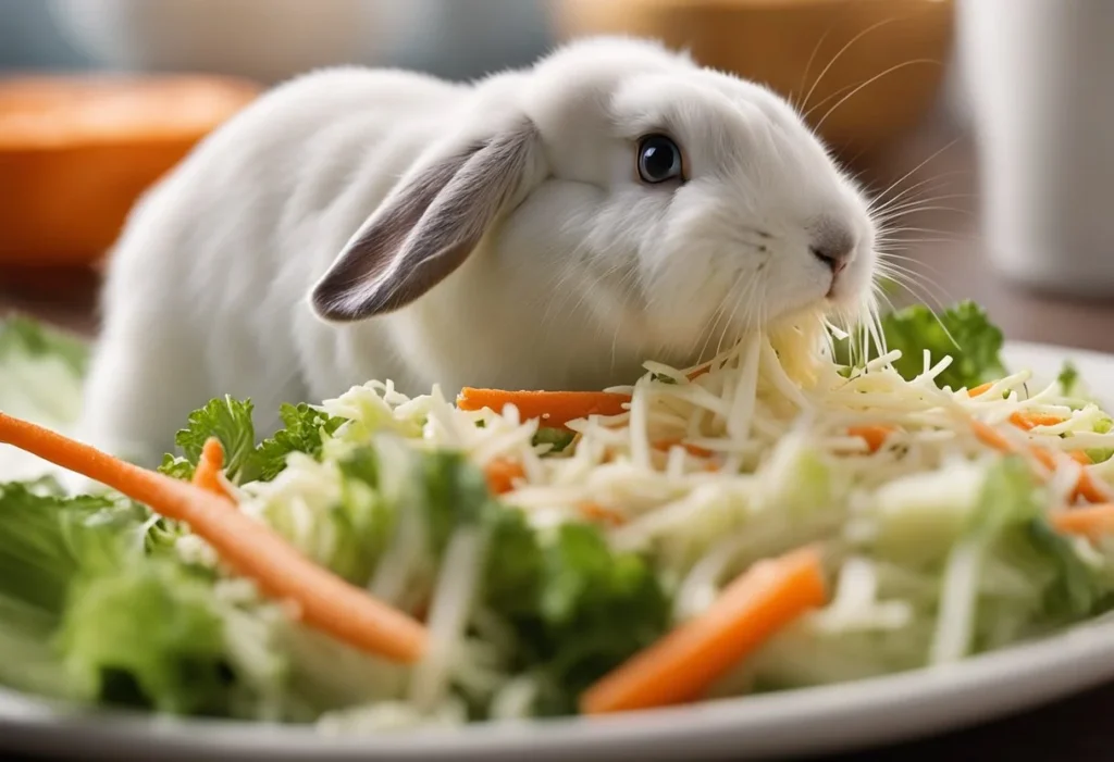 Rabbit sniffing a bowl of fresh coleslaw with cabbage and carrots