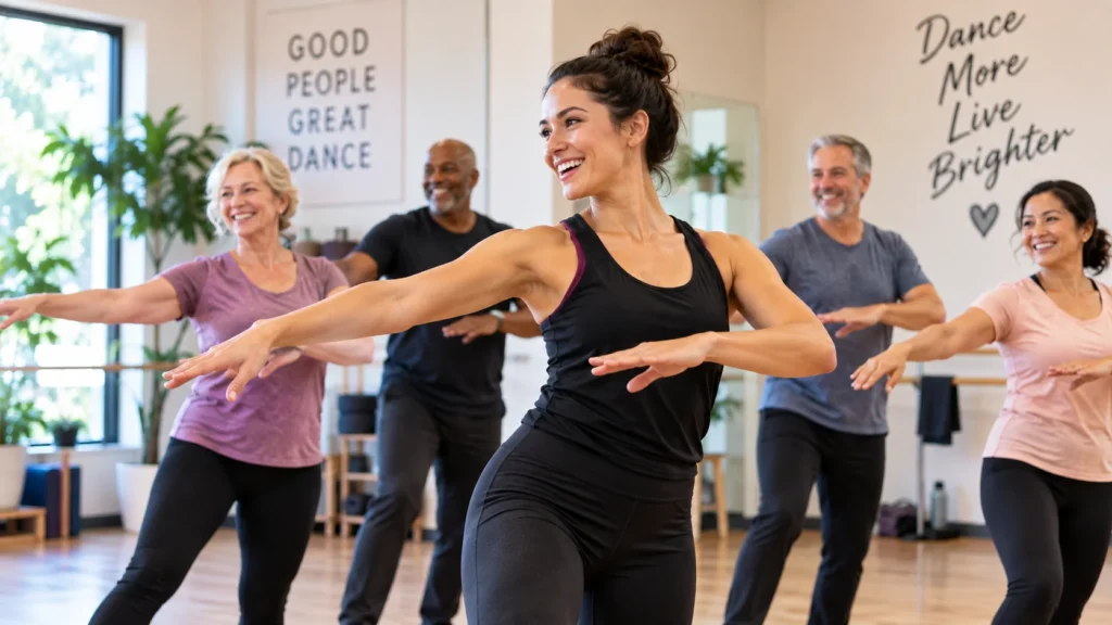 Successful adult dance teacher leading a group dance class in a modern studio