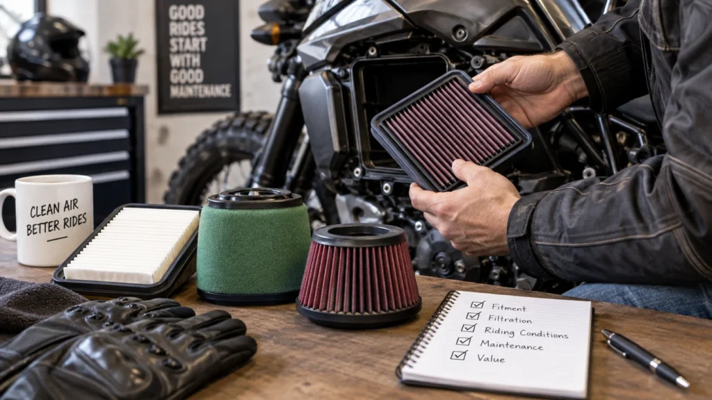 Motorcycle rider inspecting an engine air filter in a workshop