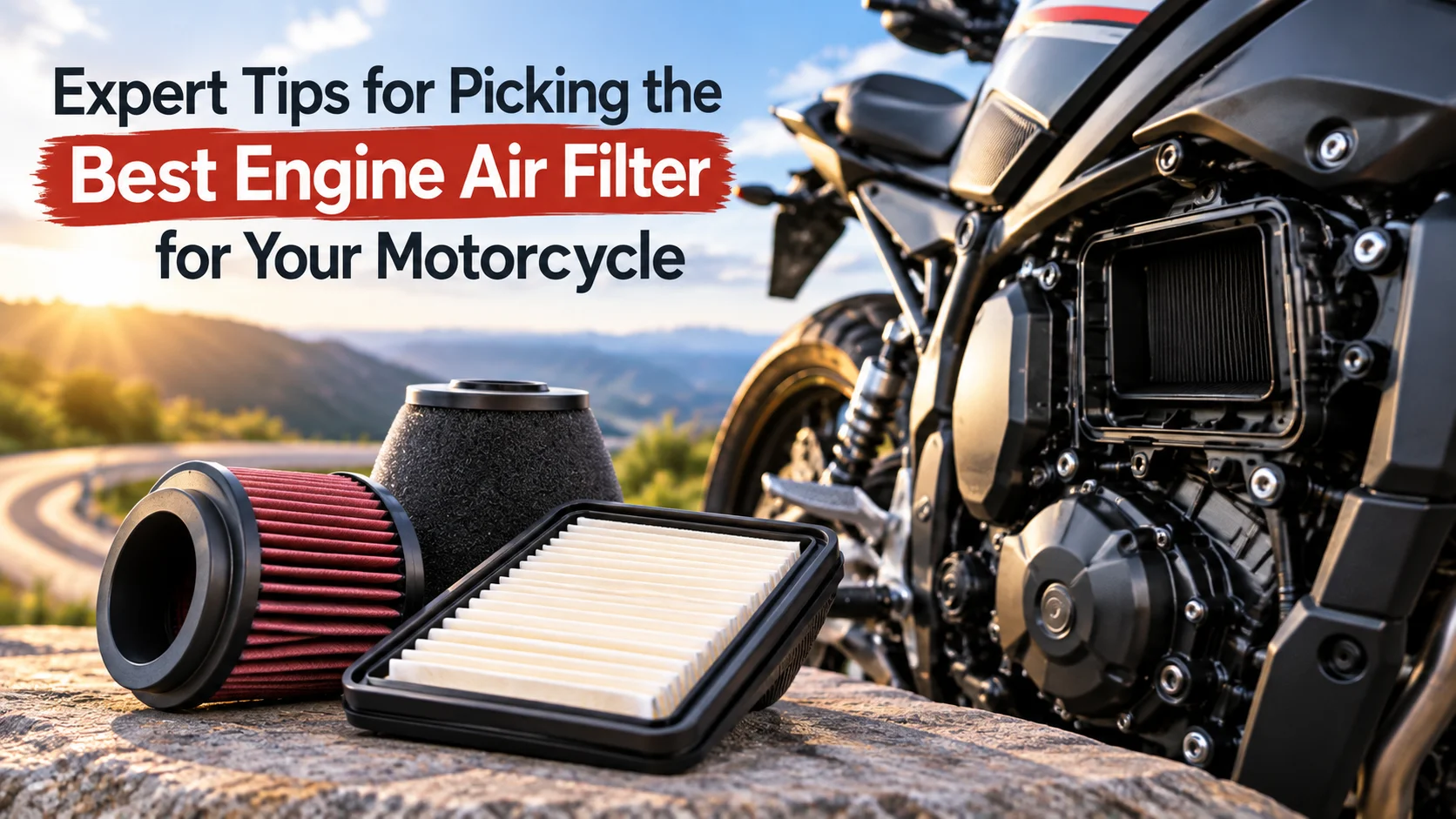 Best engine air filter for a motorcycle with air filters displayed beside a motorcycle