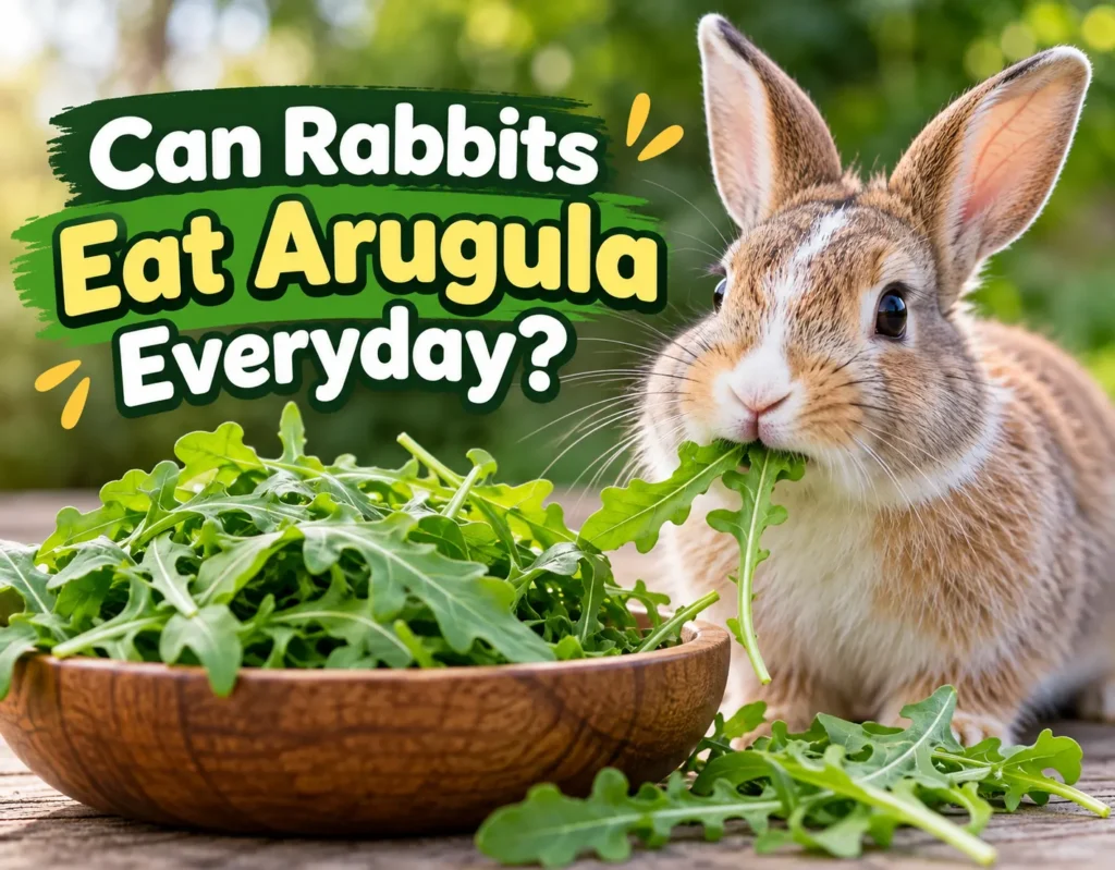 Cute rabbit eating fresh arugula beside a bowl of leafy greens