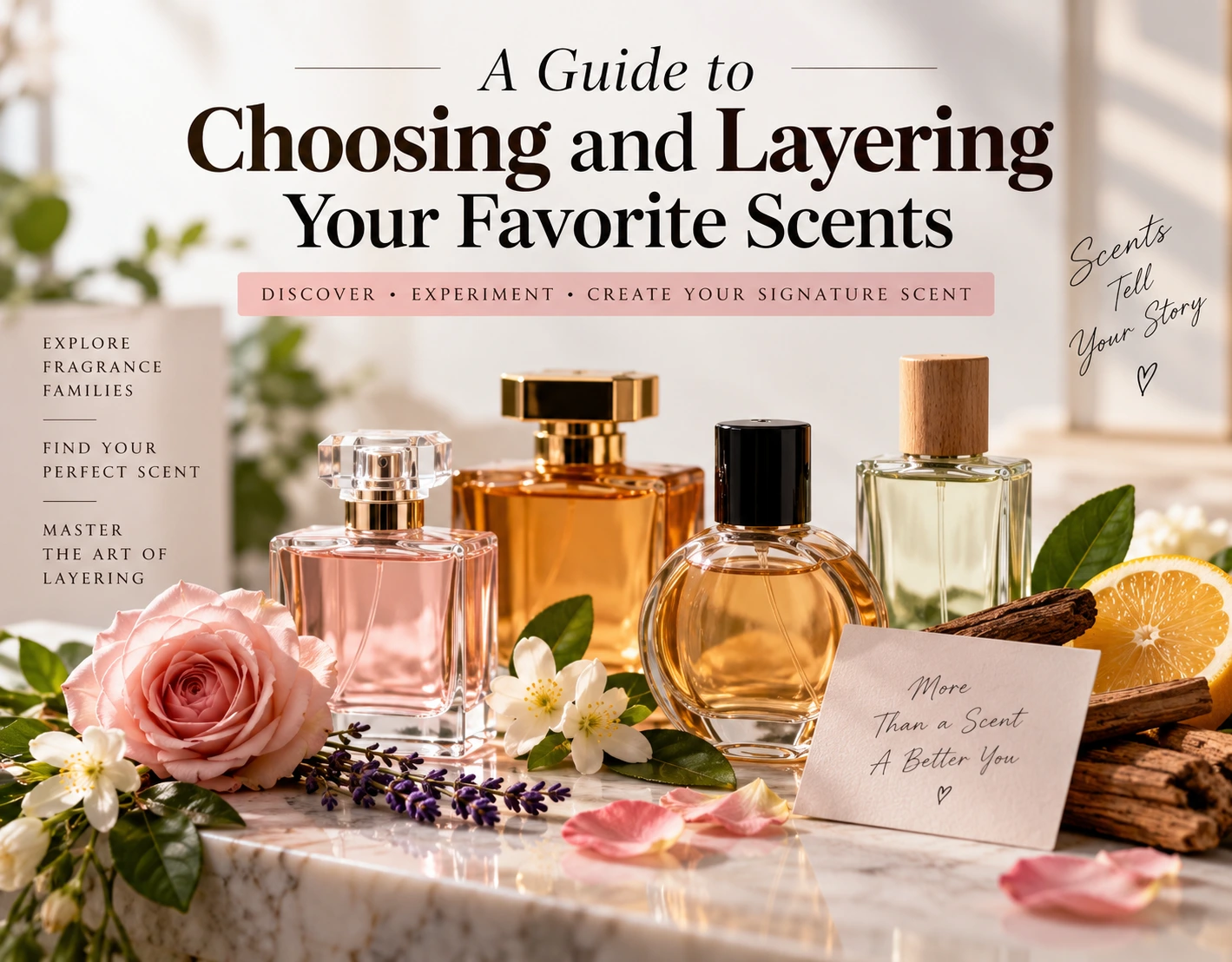 A guide to choosing and layering favorite scents with perfume bottles, flowers, citrus, and woody fragrance ingredients