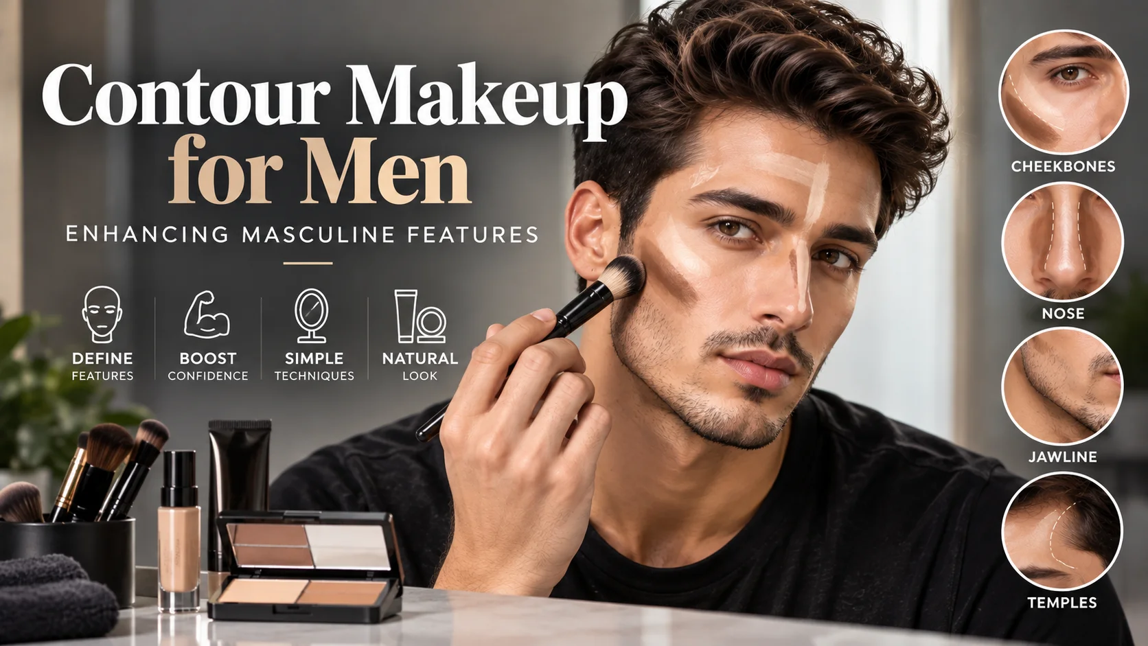 Contour makeup for men with a natural sculpted look and techniques for defining cheekbones, nose, jawline and temples