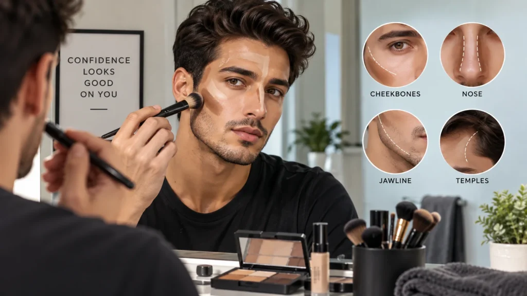 Contour makeup for men showing cheekbone, jawline, nose and temple contouring techniques