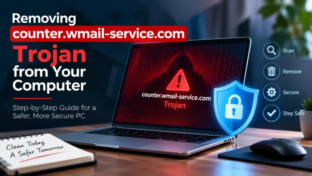 Counter.wmail-service.com Trojan removal guide showing a laptop with a malware warning and cybersecurity shield