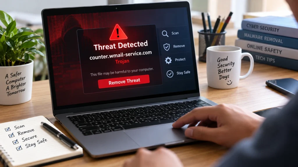 Laptop displaying a counter.wmail-service.com Trojan threat alert with malware removal and cybersecurity protection steps