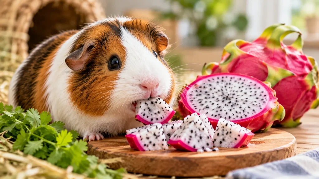 Guinea pig eating a piece of fresh dragon fruit surrounded by sliced dragon fruit