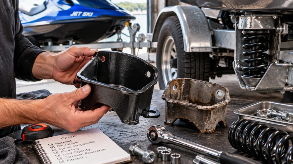 Coil spring bucket and suspension components being inspected for a jet ski trailer