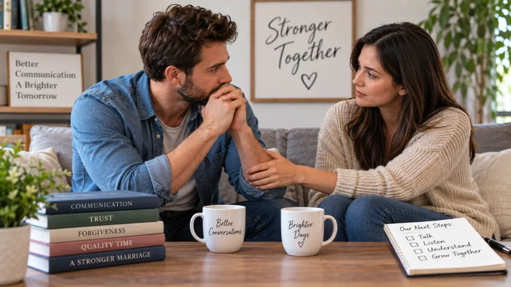 Couple working through a marriage crisis by improving communication, rebuilding trust, and reconnecting