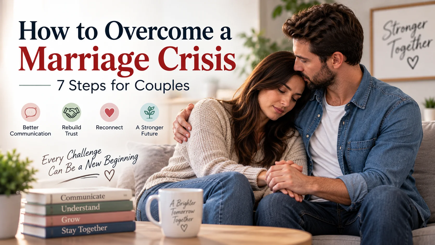 Couple overcoming a marriage crisis by rebuilding trust, improving communication, reconnecting, and planning a stronger future