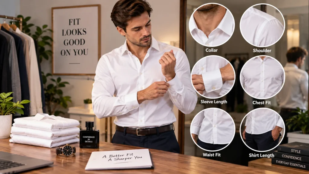 Man checking the fit of a white shirt around the collar, shoulders, sleeves, chest and waist
