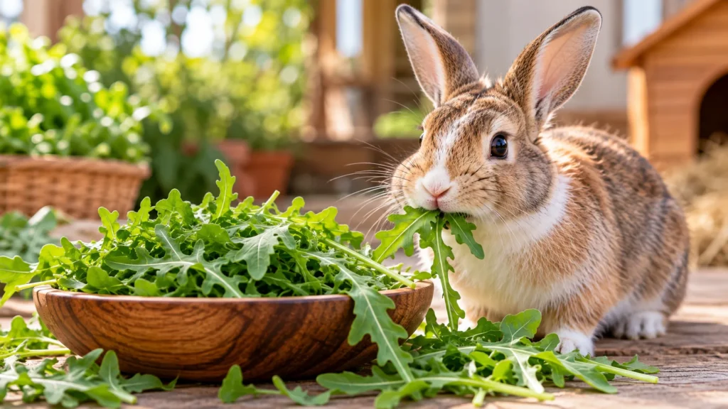Brown and white rabbit eating arugula beside a bowl of fresh greens