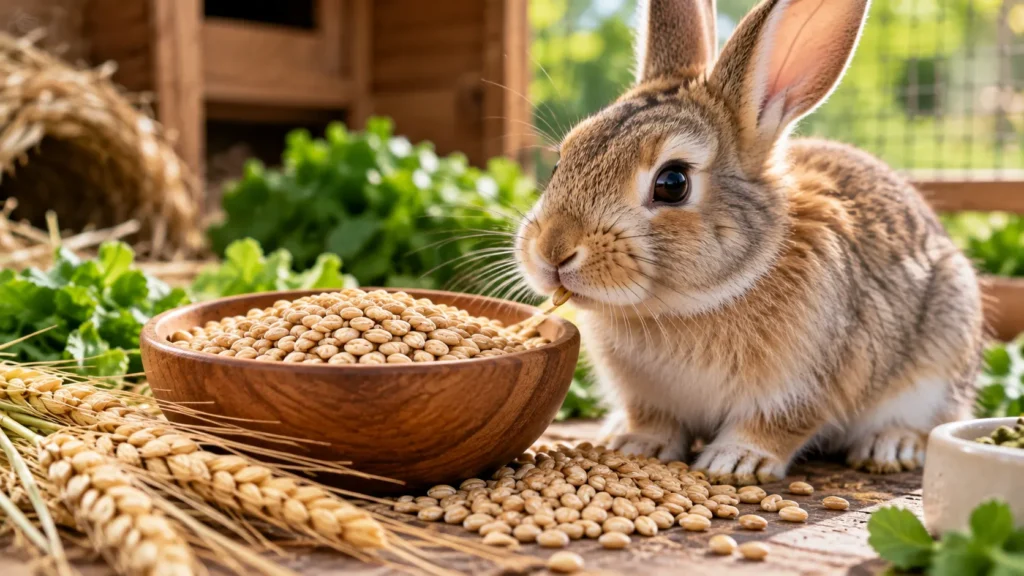 Rabbit eating barley beside a bowl of barley grains and fresh greens