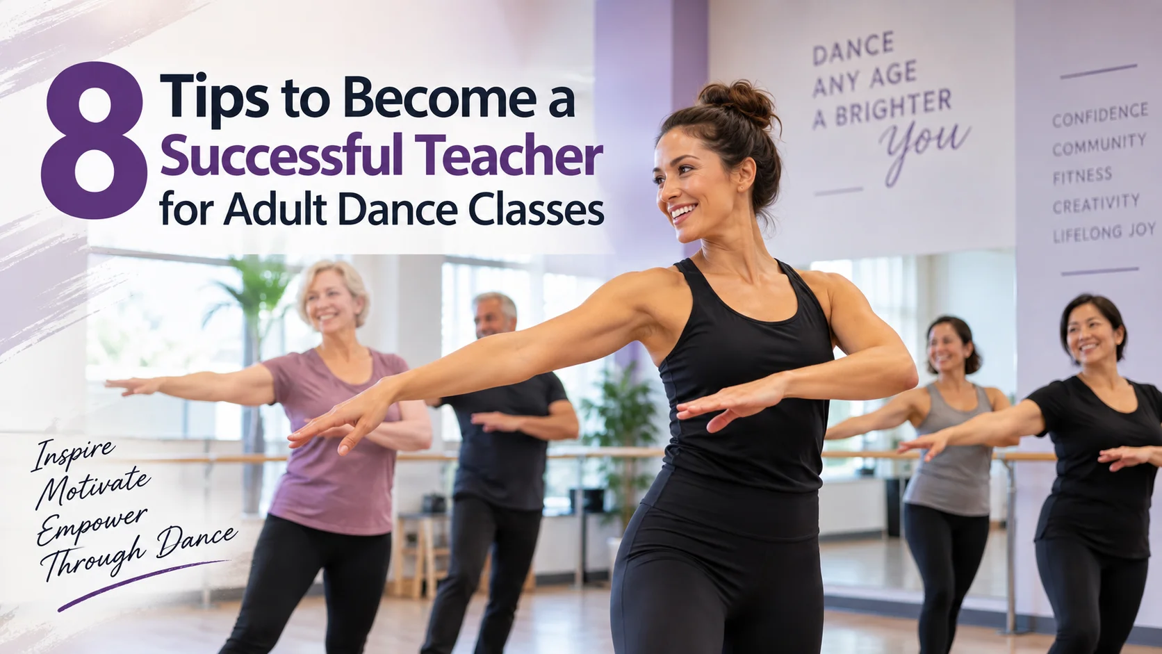 Dance teacher leading a diverse group of adults in a modern dance class