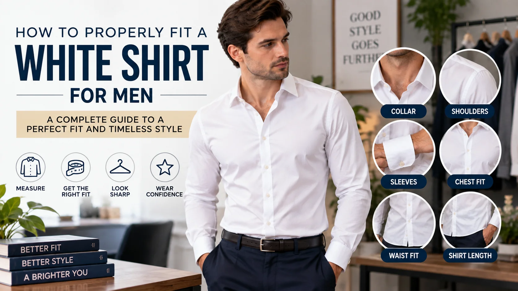 Guide to properly fitting a white shirt for men, including collar, shoulders, sleeves, chest, waist and shirt length
