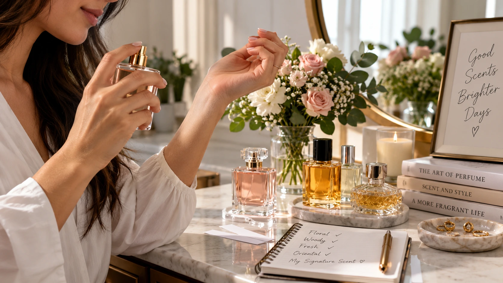 Woman testing perfume while exploring fragrance families and creating a signature scent