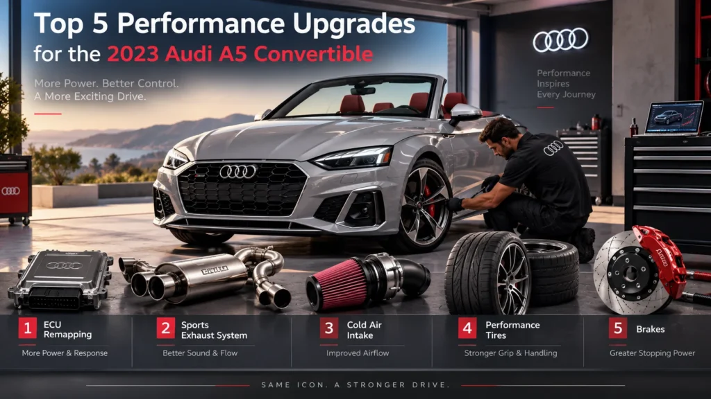 2023 Audi A5 Convertible with performance upgrades including performance tires, brakes, intake, exhaust, and ECU tuning