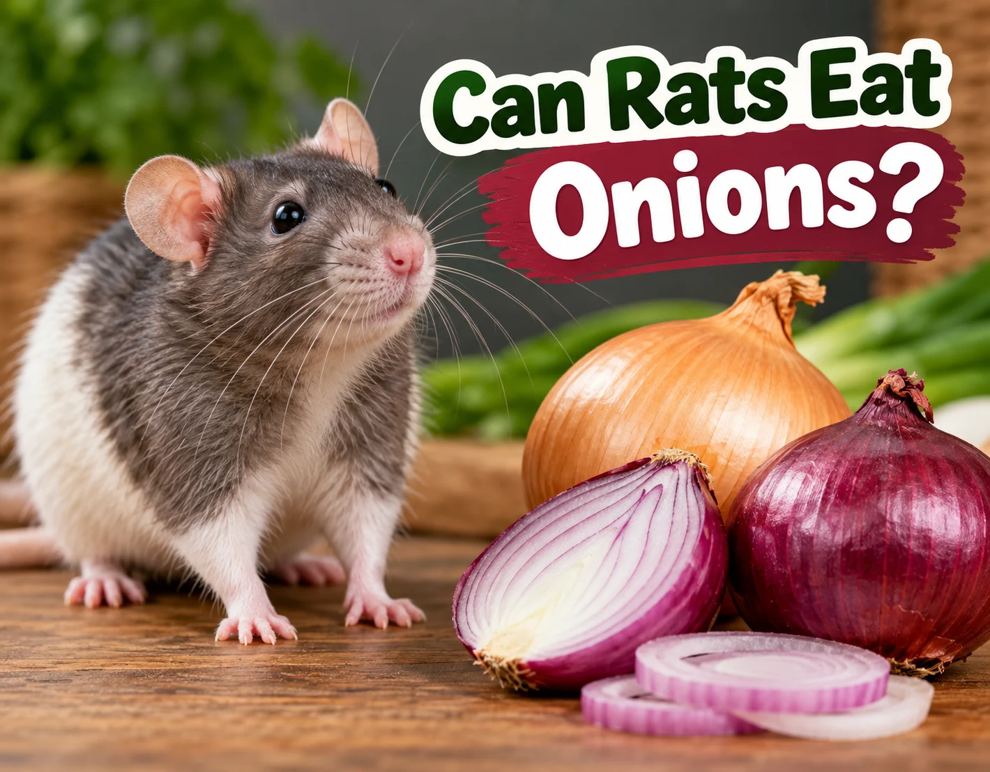 Can rats eat onions? A pet rat beside yellow and red onions