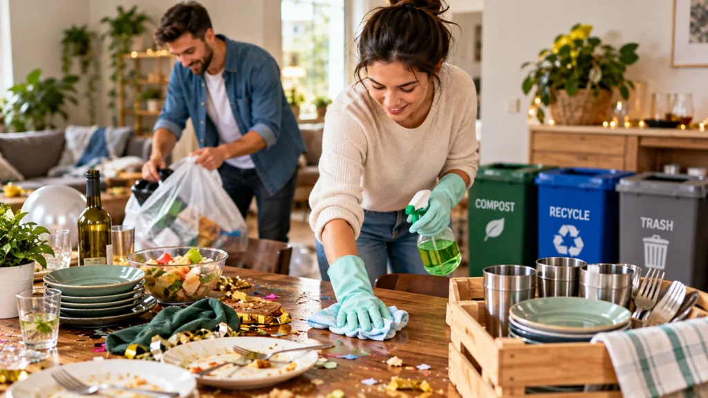 Eco-friendly after-party cleaning with reusable dishes, green cleaning supplies, and separated compost and recycling bins